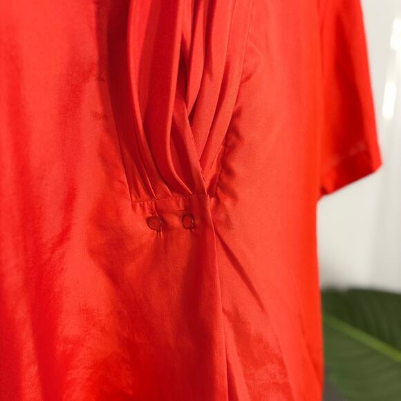 Vtg Red Draped Blouse Snap Neck Button Front Short Sleeve 80s | Bright Spring - Picture 5 of 12